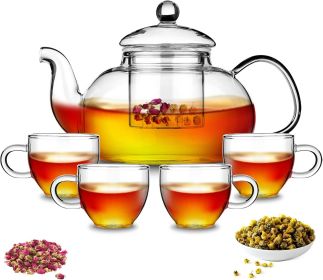 Glass Tea Pot with 4 Tea Cups, Removable Infuser, Blooming and Loose Leaf Tea Maker and Teacups Set, Stovetop Microwave Safe Tea Kettle