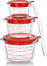 6 Pcs Glass Measuring Cups with Lids Set, 1-Cup, 2-Cup, 4-Cup Measuring Jugs with Handle, Nesting Liquid Measuring Cups for Kitchen