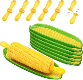 9 Pcs Corn Cob Holders and Dishes Set Include 6 Stainless Steel Corn on The Cob Holders and 3 Melamine Service Tray Skewers Butter Spreader for Home &