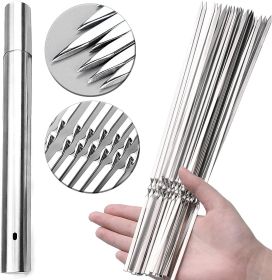 30 Pack Kebab Skewers, 15" Long Flat Stainless Steel BBQ Shish Kabob Skewers with Portable Metal Storage Tube, Reusable Meat Sticks Set for Grilling