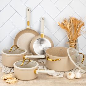 Non-Stick Granite Collection Cookware Set, Pots and Pans Set - Taupe & Gold
