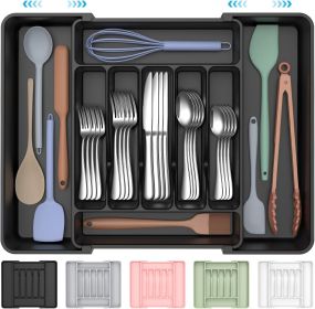 Extra Large Expandable Silverware Organizer, BPA-Free Food-Safe Cutlery Flatware Organizer, Kitchen Utensil Drawer Organizer (Color: Black)